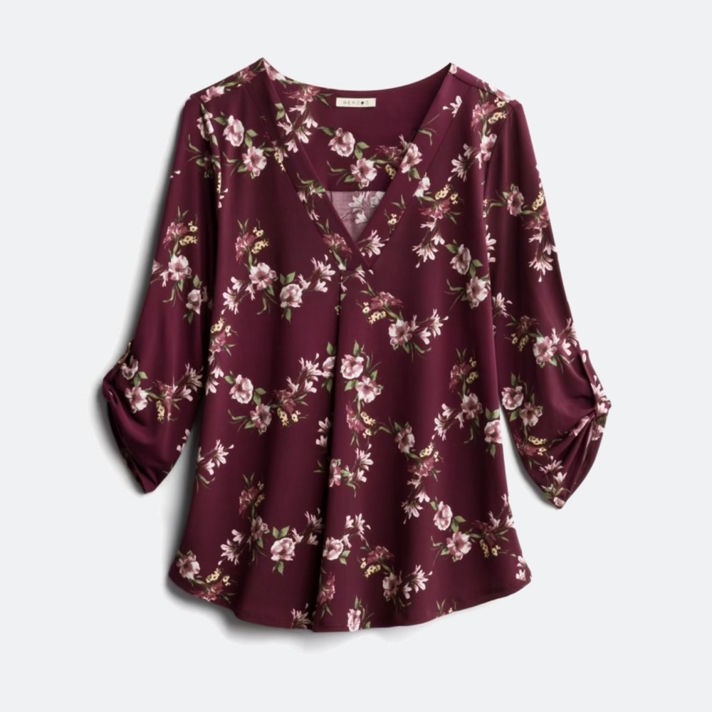Beacon Red Floral Relaxed Blouse with Cuffed Sleeves